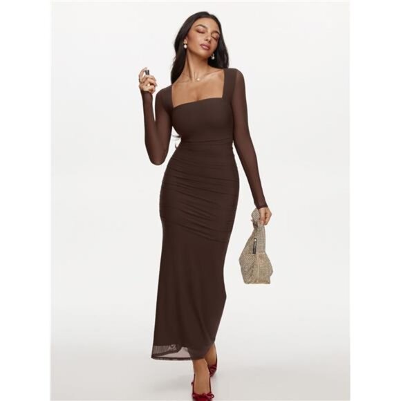 Long Sleeve Sheer Mesh Square Neck Long Dress Brown - Picture 1 of 6